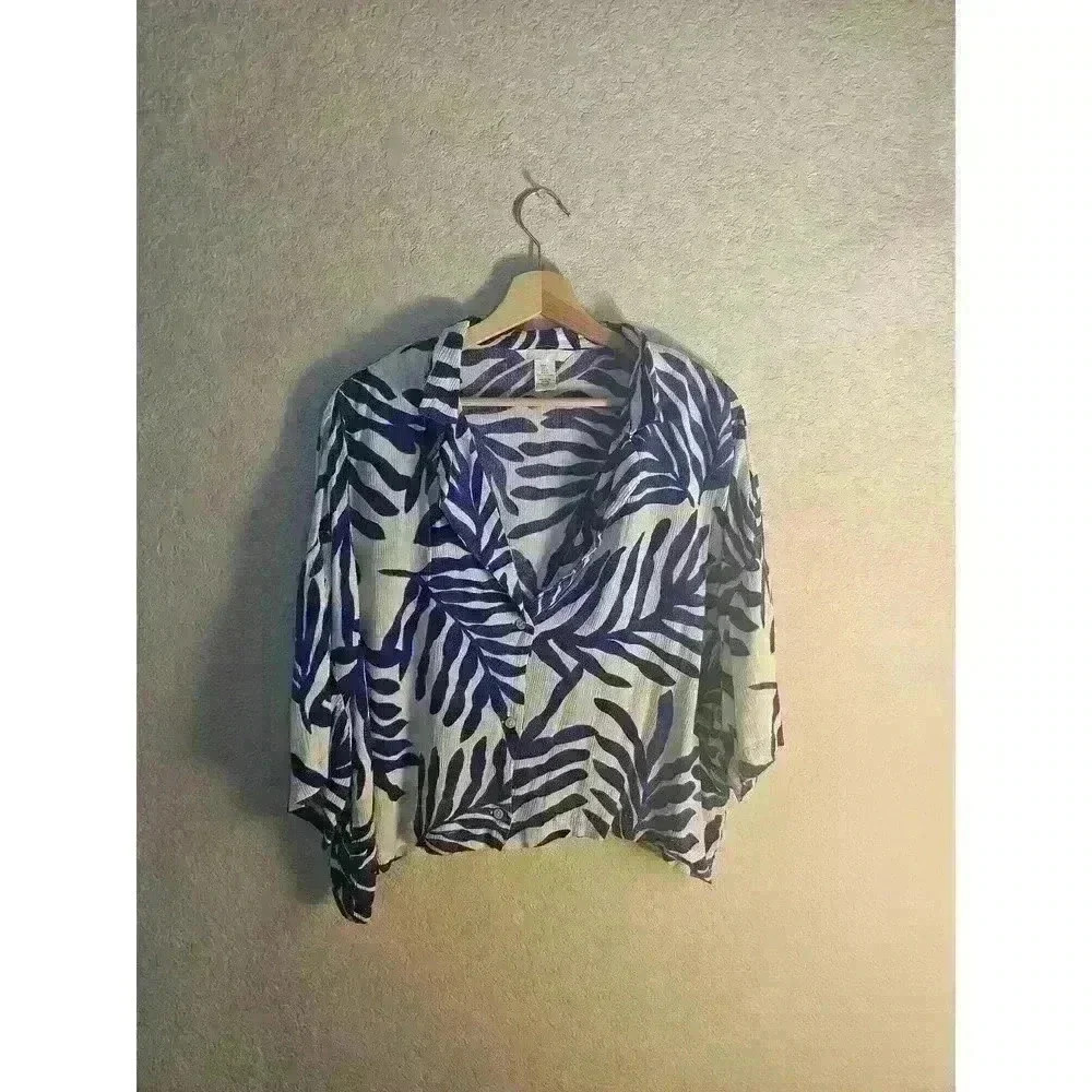 Royal blue print button down blouse